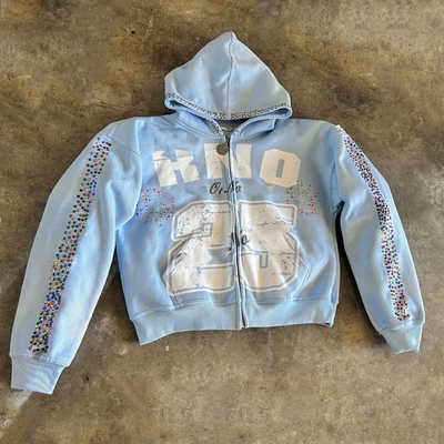 comprar Mulheres customizadas Homens Unisexo 100% algodão Pesos pesados 500 Gsm Silt Screen Printing Oversize Box Zip Up Rhinestone Hoodie online manufacture