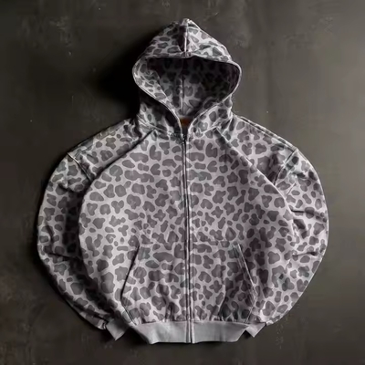 comprar Design Personalizado Zíper Plus Size Boxy Cropped Estampa de Leopardo com Zíper Vintage Algodão Terry Acid Wash Streetwear Hoodies para Homens online manufacture