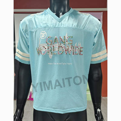 comprar Roupas de rua personalizadas Homens Boxy Cortado Rivet Rhinestone Satin Mesh T-shirt americano Retro Respirável Camisa de Futebol Desportivo online manufacture
