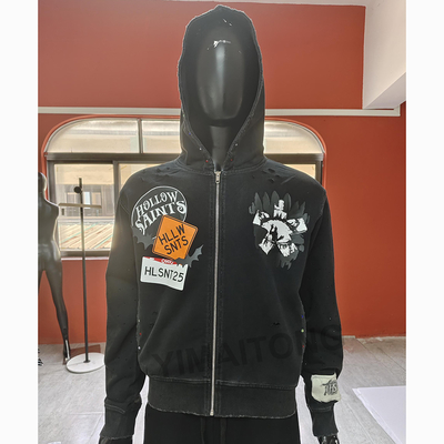 comprar Bordado personalizado Patchwork Zipper Hoodies Carro de algodão pesado Streetwear Vintage Acid Wash Zip Up Hoodie Homens online manufacture