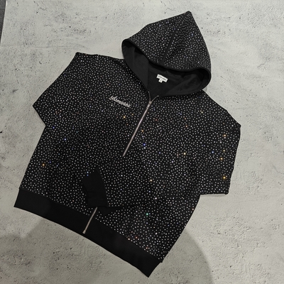 comprar 2025 Custom Big Hood Zipper Hoodie Jaqueta 100% Algodão Francês Terry All Over Impressão Rhinestone Zip UpHoodie para Homens online manufacture