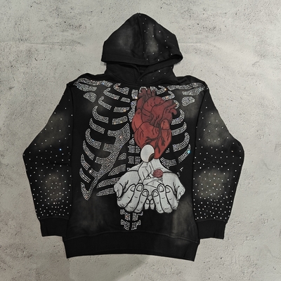 comprar Moletons Personalizados de Alta Qualidade Streetwear Esqueleto Crânios Gráfico Pullover Vintage Lavagem Ácida Desbotado Sol Strass Moletom Masculino online manufacture