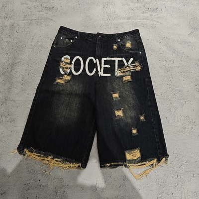 comprar Fabricante Personalizado Jorts Shorts Jeans Estampados Streetwear Vintage Preto Lavado Folgado Shorts de Ganga para Homens online manufacture