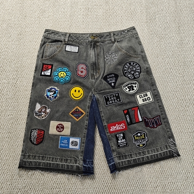 comprar Remendos de Bordado Personalizados Logotipo Calções Jeans Folgados Streetwear Alta Qualidade Barra Crua Vintage Denim Shorts Jeans para Homens online manufacture