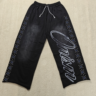 comprar Corredores personalizados Calças de suor de algodão de grande porte Francês Terry pernas retas Saco de lavar ácido Flared Rhinestone Calças de treino homens online manufacture