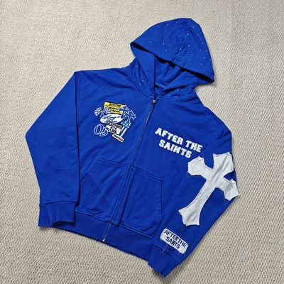 comprar Roupas de rua personalizadas Homens Pesos pesados 420 gsm Embroidery Distressed Algodão Francês Terry Rhinestone Hood Zip Up Hoodie online manufacture