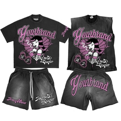 Logotipo personalizado Acid Wash Hoodies Sweat Shorts Black Crop Top e Sleeveless Tank Top Set