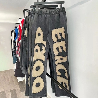 Custom Peso Pesado Algodão Distressed bordados Patchwork Flared Sweatpants Regular Fit