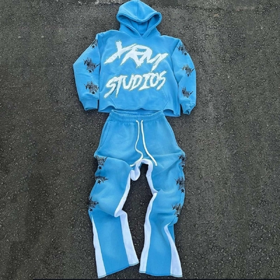 Tamanho personalizado Y2K Cut Raw Hem Hoodie e Sweatpants Set para Streetwear masculino em algodão