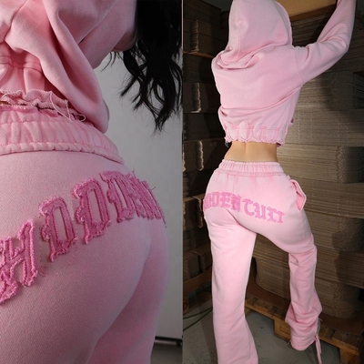 Acid wash zip up hoodie fato de ginástica meninos castanho Roupas de rua de mulheres Patch bordado Corredores lavados