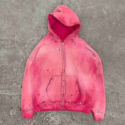 Leve 400 gsm Algodão Zip Up Hoodie Vintage Angustiado Rosa Sol Desbotado Terry Francês