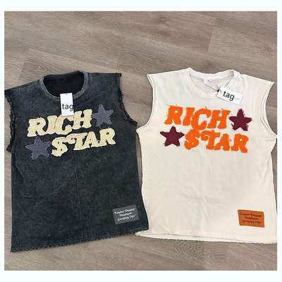 Hip Hop masculino 100% algodão lavado com ácido, top sem mangas com bordado de logotipo personalizado