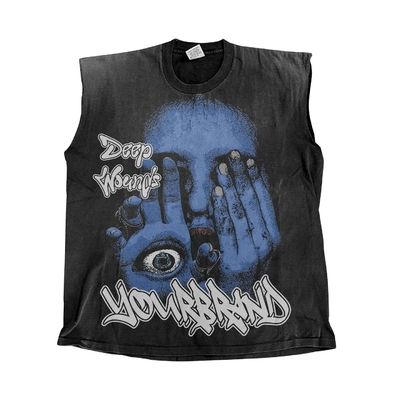 T-Shirt sem mangas masculina com logotipo personalizado DTG Impressão e Vintage lavado Design de nervuras