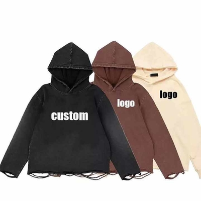 Logotipo personalizado de algodão Vintage Distressed Acid Lavado Larga Cortada Hoodie Homens Streetwear