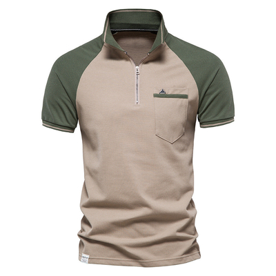 Camiseta de polo personalizada masculina de primavera e verão com empalme de duas cores e design frontal com fecho