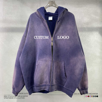Vintage Acid Wash Sol desbotado Distressed Zip Up Hoodie em branco para logotipo personalizado Streetwear