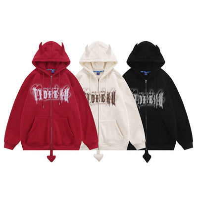 Camisa com capuz e fechadura de 8 oz e 12 onças Corno do Diabo Fleece Impresso Branco Unisexo Homem de Casais Superdimensional Suéter Fechado