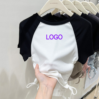 Customizado Y2K cotonete com nervuras de cor contraste de colheita superior curvado cordão de tração manga curta mulheres