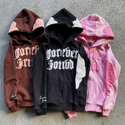 Homem Hoodie Full Face Zip Up Hoodie puff impressão marrom Pesos pesados Francês Terry Tecido