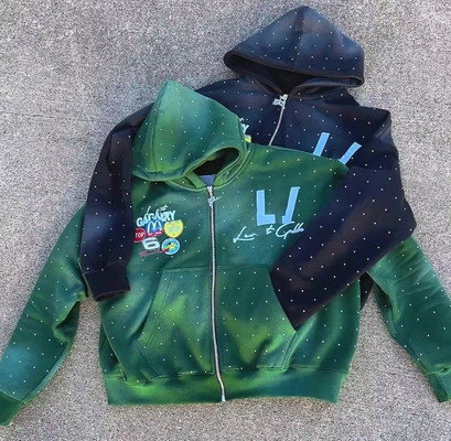 Vintage Sol desbotado Acid Wash Patch bordado Rhinestone Boxy Fit Cortado Zip Up Hoodie para Homens Manga Regular