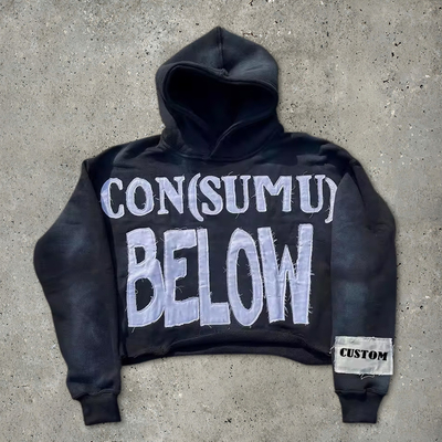 100 Hoodies de algodão para homens Terry Cut Raw Hem bordado Aplique Sol desbotado Acid Wash