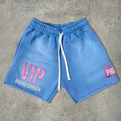 Puff Impressão curtos calções lavados a ácido azul Corte de algodão cru Fleece Zipper bolsos Streetwear Suor