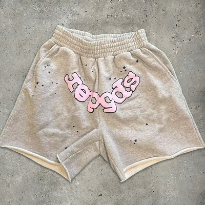 calções curtos de terry francês de homens escuros Graphic Puff Print Joggers Desporto Treino Sweat Shorts Streetwear Velo de algodão