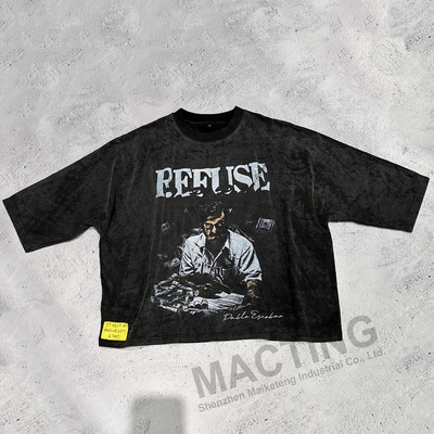 Vintage Acid Wash T-Shirt impressa cortada em caixa para roupas de rua personalizadas para homens em cor preta