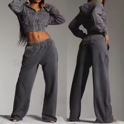 Costume Women Sweatsuit Acid Wash Zip Applique Distressed Embroidery Patch Cortado Hoodie e Sweatpants