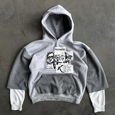 Pullover grisalho masculino com bordado em patchwork personalizado e manga de waffle de camada dupla