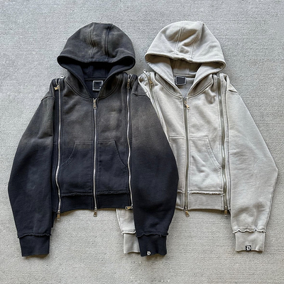 Patch personalizado Triple Zip Up Peso pesado Francês Terry Desbotado Acid Wash Hoodie