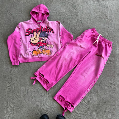 Roupas de rua Rhinestone Zip Up Hoodie Calças de suor Set Acid Wash Homem Tracksuit Sol desbotado Homens Sweatsuit