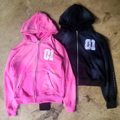 Homem 100% de algodão de peso pesado bordado Hoodie Rhinestone lavado ao sol desbotado Zip Up Distressed Hoodie