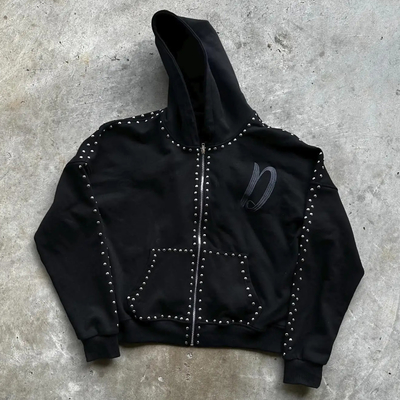 Roupas de rua personalizadas Boxy Fit Terry Francês 100% algodão Zip Up Rivet estofado Rhinestone Homens Hoodies