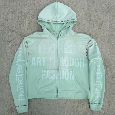 Custom Gemstone Zip Up Heavy Weight Hoodie Vintage Acid Lavado Baggy Boxy Fit Cortado Rhinestone Hoodie