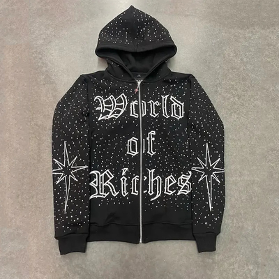High Quality Embroidery Zip Hoodie Peso pesado Algodão Francês Terry Oversized Hoodies Custom Zipper Rhinestone Zip Up Hoodie