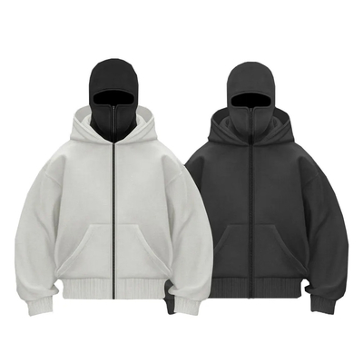 Fabricante Patchwork de algodão pesado Capuz duplo Full Zip Up Balaclava Hoodies Custom Ninja Homem Mascarado Hoodie