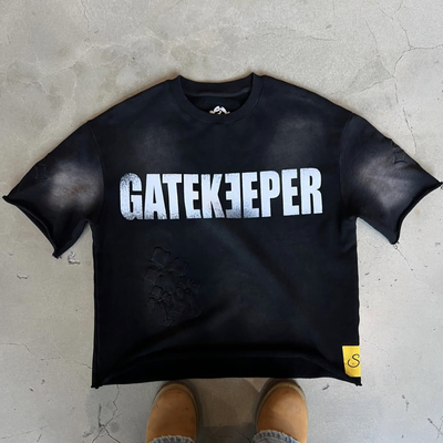 Logotipo de camiseta de pescoço personalizado de corte e costura de camiseta de corte e costura de camiseta de tamanho grande 300 Gsm camiseta cortada de homens Streetwear impresso