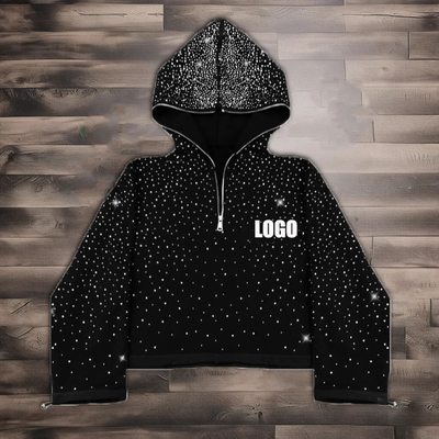 Roupas de rua personalizadas 380 500gm homens de lã de terry francês em toda a impressão strhinestone caixa cortado rosto completo metade fechadura de capuz homens