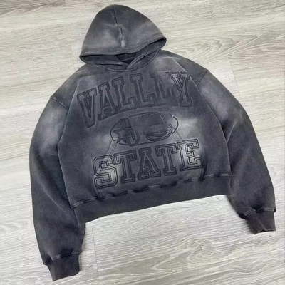Fabricantes de roupas OEM Pulôver de algodão Sol desbotado Roupas de rua de grande porte Vintage Acid Wash Distressed Hoodies bordados