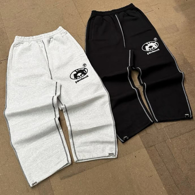 Customizado 500 Gsm Francês Terry Wide Leg Sweatpants bordado ajustável cordão de tração algemada Saco de pista calças para homens