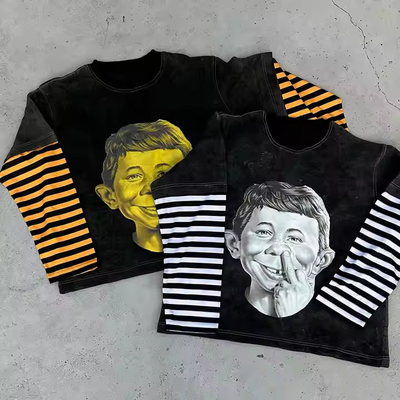 Camiseta de manga comprida de camada dupla de homem lavagem a ácido personalizada 350gm T-shirt gráfico pesado com estampas de listras