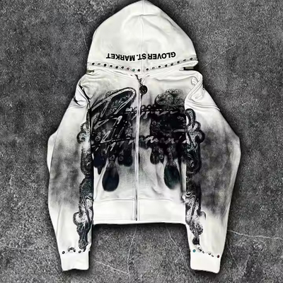 Custom dirty lavados fechado Rhinestone Hoodie Homens Logotipo gráfico impresso Streetwear Terry Francês Vintage Distressed Hoodie