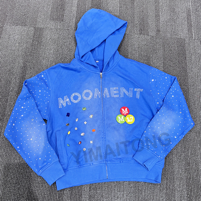 Personalizado Lavado ao Sol Desbotado Homens Angustiados Cortado Algodão Terry Peso Pesado 420 Gsm Zip Up Rivet estofado Rhinestone Hoodie