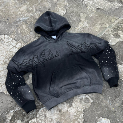 Personalizado Lavado ao Sol Desbotado Homens Angustiados Cortado Algodão Terry Peso Pesado 420 Gsm Zip Up Rivet estofado Rhinestone Hoodie