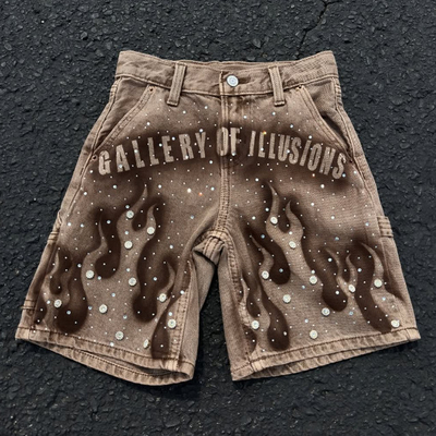 Customizado 2025 Verão jeans de strass calças curtas Streetwear Marrom lavado calças curtas de denim Vintage Baggy Jorts