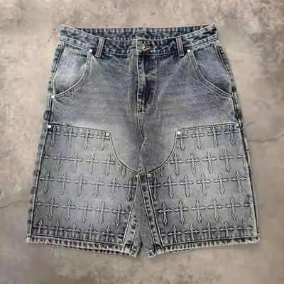 Roupas de rua 3D em relevo calças de ganga de homens jeans curtos JHalf carpinteiro calças jeans denim