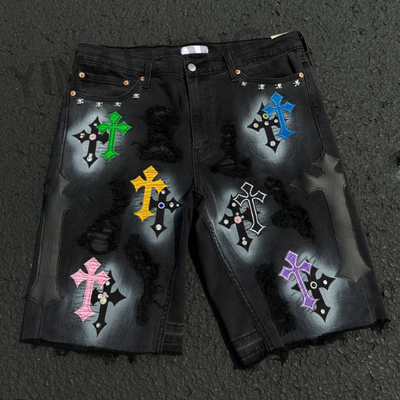 Calças personalizadas de alta qualidade Roupas de rua Rhinestones Jeans curtos Borracha de bordados Patchwork Denim Calças curtas para homens