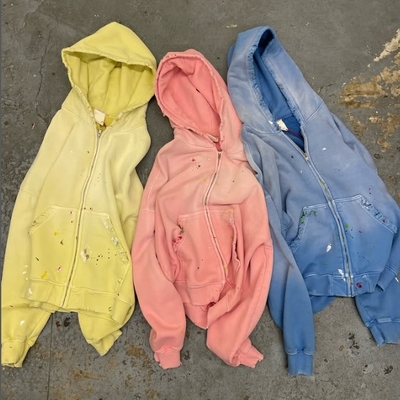 Personalizado Lavado ao Sol Desbotado Homens Angustiados Cortado Algodão Terry Peso Pesado 420 Gsm Zip Up Rivet estofado Rhinestone Hoodie