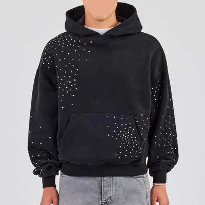 Moletom com capuz personalizado masculino streetwear bordado logotipo vintage lavagem ácida oversized ombro caído moletom com strass